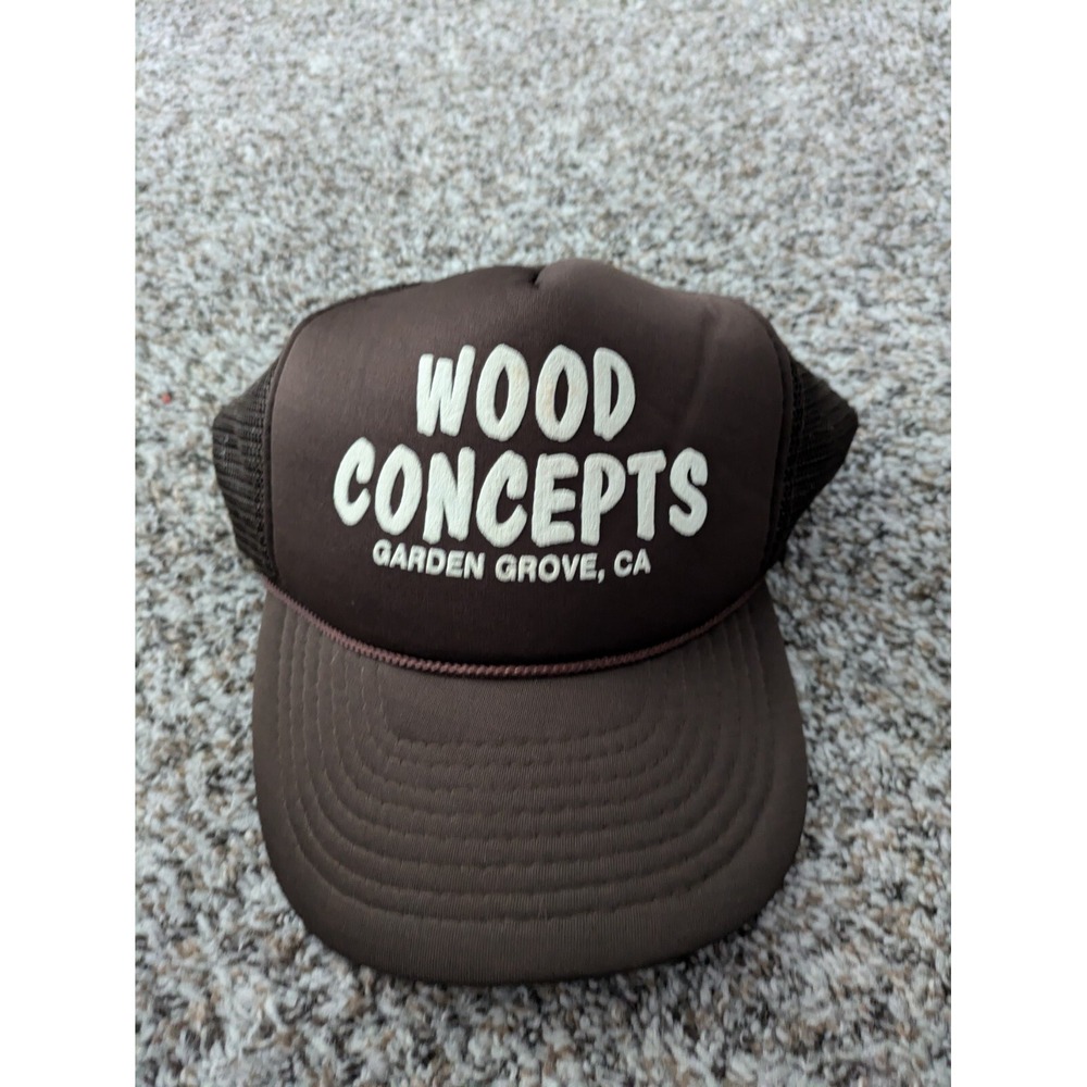 Vtg Garden Grove California Wood Concepts Snapback Mesh Trucker Hat Cap‎ Brown